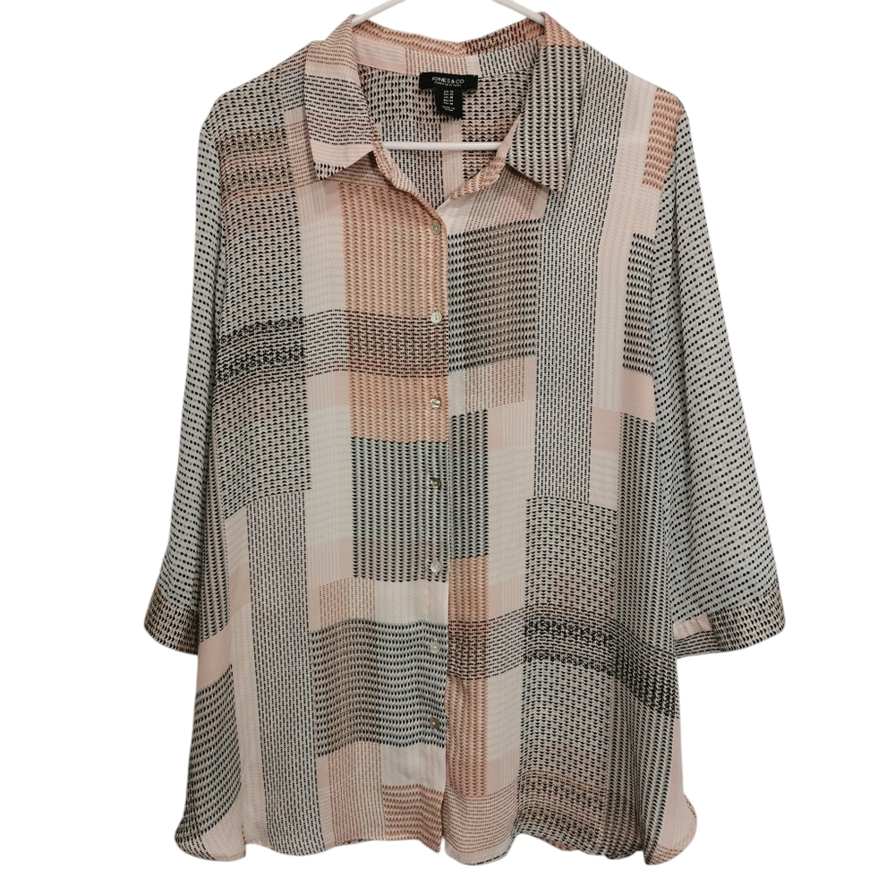 Jones & Co Jones New York 3/4 Sleeve Button Down Blouse Pink/Grey - Sz 1X